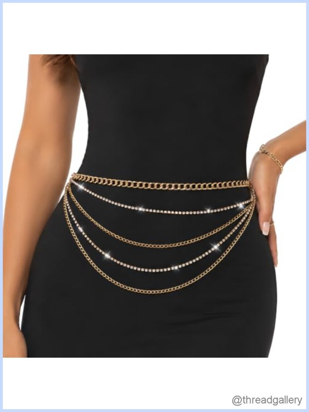 Layered Gold Chain Belt with Rhinestones Adjustable Waist Chain for Women